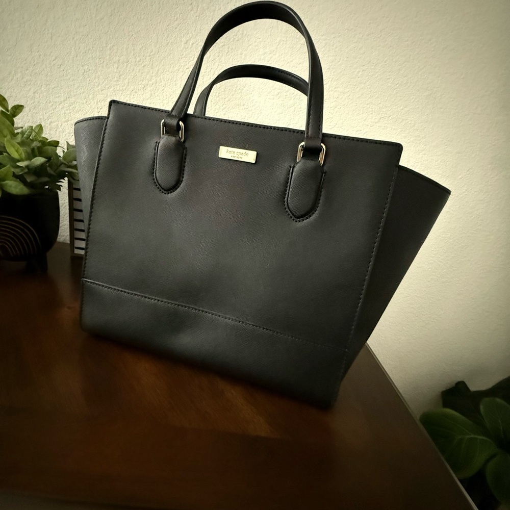 kate spade Black Structured Leather Tote with Gold Plaque